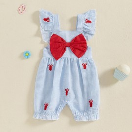 FYBITBO Baby Girl Crawfish Outfit Fly Sleeve Crawfish Romper Bowknot Jumpsuit One Piece Summer Clothes Newborn Infant (Blue crayfish, 3-6 Months)