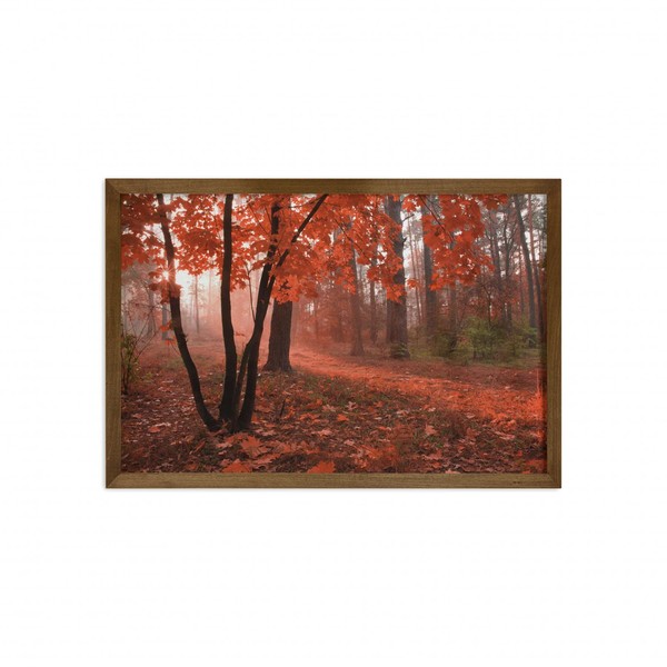 Ambesonne Fall Framed Wall Art, Misty Forest with Leaves from