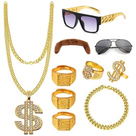 80s 90s Hip Hop Costume, 10Pcs Hippie Rapper Costume Accessories with 1 Gold Dollar Chain Necklace, 1 Bracelet, 5 Rings, 2 Sunglasses, 1 Mustache for Gold Digger Costume for Carnival Party Fancy Dress