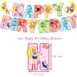 Sailor - Kit de suministros para fiesta de luna con pancarta de feliz cumpleaños, globo de látex, decoración para tartas, decoración de cupcakes, fiesta temática de dibujos animados de anime para niñas y niñas, decoración de fiesta de cumpleaños