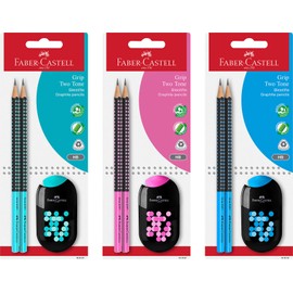 FABER-CASTELL 183587 Grip 2001 Two Tone Pencil with 2 Pencils and 1 Two Tone Double Sharpener with Eraser, 4 Assorted Colours (No Selection Possible)