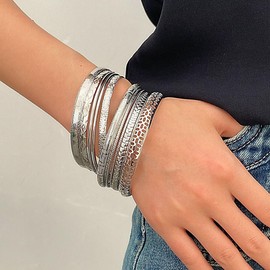 Gold Bangle Bracelets Set for Women Boho Textured Bracelets,Layered Stackable Bracelets for Women Vintage Wedding Jewelry Birthday Gift (B-Silver)