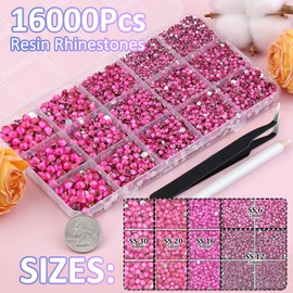 16000Pcs Resin Rhinestones with Tweezers for Crafting, Hot Pink 2-6mm Mixed Sizes Bedazzling Crystal with 3Pcs 10ml B7000 Jewelry Glue for DIY Crafts Clothing Tumblers Shoes Fabric Nail Art