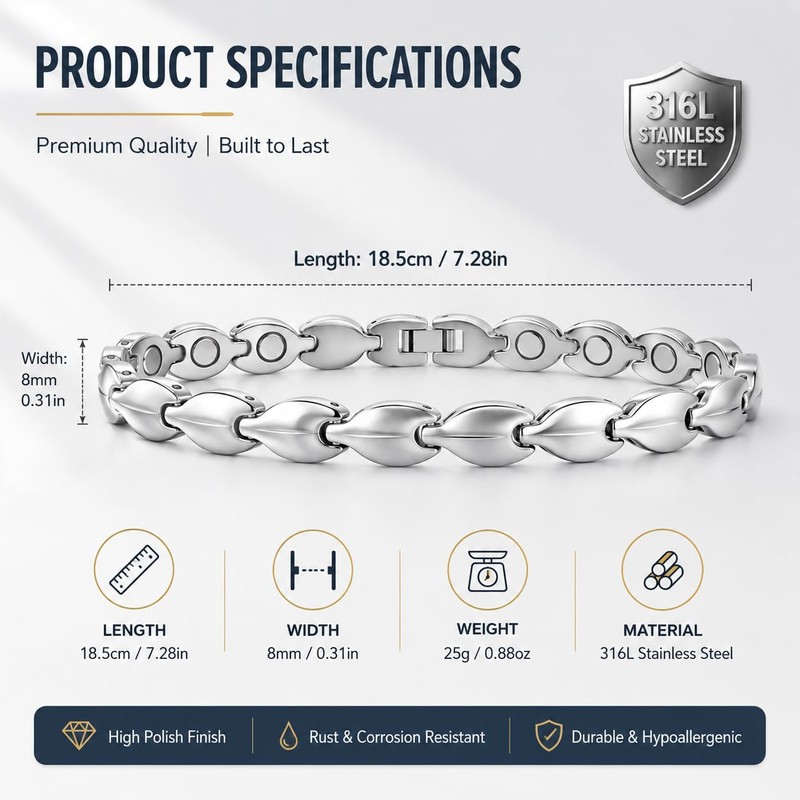 Magnetic Bracelets for Women, Stainless Steel Leaf Links, Fashion Design