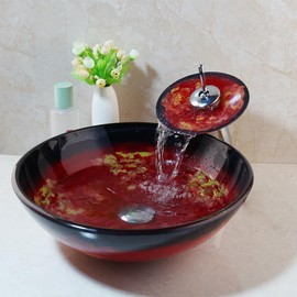 HM HomeMieco Red Glass Vessel Sink with Faucet and Drain Combo 16 Inch Tempered Glass Bathroom Sink Above Counter, Round Bathroom Basin Bowl