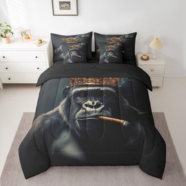 7 Pieces Gorilla Kids Comforter Set Queen Size, Cartoon Animal Theme Bedding Set for Boys Girls Room Decor, African Wildlife Bed in a Bag with Comforter, Fitted Sheet, Top Sheet and Pillowcases