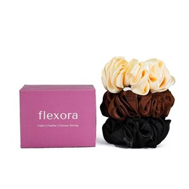 Flexora Silk Scrunchies for women- 3 Pack Satin Hair ties, No-Crease Flexible Ponytail Holders, Soft and Gentle on Hair, Ideal for All Hair Types (Midnight Black-Peach-Espresso)