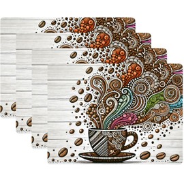 Set of 4 Cork Backed Placemats, Kitchen and Dining Table Decoration Design Hard Placemat 12" x 16" (Coffee Art)