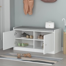 ECACAD Wood Shoe Storage Bench with Cushion Seat, 2 Doors & 4 Storage Compartments, Entryway Shoe Rack Bench for Bedroom, Hallway, White and Grey (35.8”L x 13.7”W x 18.1”H)