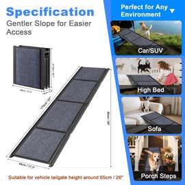 COSIEST Dog Ramp for Car, 67" L x 17.3" W Folding Pet Ramp for Large Dogs Up to 250LBS, Portable Dog Steps with Non-Slip Surface for SUV, Bed, Couch