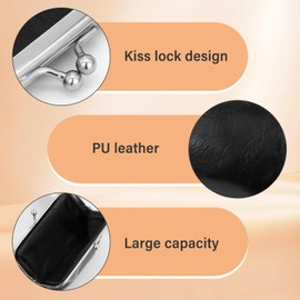 Energather Coin Purse, PU Leather Coin Pouch Coin Purse Wallet for Women and Girls, Exquisite Money Purses Bag Coin Purse Holder with Kiss Lock for Shopping, Travelling, Dating (Black+Pink)