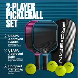 PRO SPIN Pickleball Paddles - Set of 2 USAPA-Approved Graphite Carbon Pickle Ball Paddles (Blue/Pink), 4 High-Performance Pickleball Balls, Durable Bag for Rackets & Balls - Great Gift