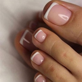 Kabwea Pack of 24 Shiny Press On Toenails, French Short Square Toenails, Full Coverage, Artificial Toenails, Women, 12 Sizes