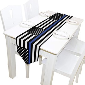 WOOR Double-Sided American Police Flag Thin Blue Line Table Runner 13 x 70 Inches Long,Table Cloth Runner for Wedding Party Holiday Kitchen Dining Home Everyday Decor
