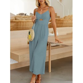 ANRABESS Women Summer Casual Spaghetti Strap Sleeveless V Neck Cutout Linen Wide Leg One Piece Jumpsuit Dressy Romper Outfits, Blue, Medium