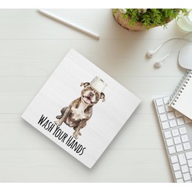 KU-DaYi Funny Dog Pit Bull Bathroom Wooden Box Sign, Wash Your Hands Sign Bathroom Decor, Gifts for Women, Pit Bull Desk Accessories for Dog Lovers Wooden Block Plaque Desk Shelf Decor 5x5 Inch
