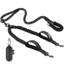 SlowTon Double Dog Lead with Extra Handle- 360° Swivel Heavy Duty Reflective Double Dog Lead for Walking 2 Dogs No Tangle Dual Dog Splitter Dog Leash for Small Medium Dogs Walking (Black, Medium)
