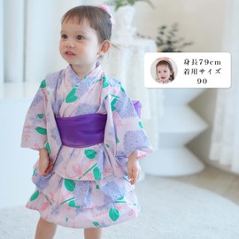 SLINX HF07 Yukata, Children, Girls, Baby, Kids, Summer Festival, Summer Kimono, Yukata, 3-piece Set, Obi Set, Top and Bottom Set, With Belt Included, Yukata Dress, Fireworks Festival, blue (hydrangea