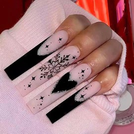 Long Press on Nails Coffin Fake Nails Christmas False Nails Black French Tip Heart Snowflake Stick on Nails Silver Glitter Glue on Nails Matte Acrylic Artificial Nails Winter Xmas Nails for Women