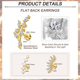 AVYRING Flat Back Studs for Women - 16G Stainless Steel Cartilage Earrings with Leaf, Opal and Zirconia Design for Helix, Tragus, Daith & Conch Piercings, Silver & Gold, Stainless Steel