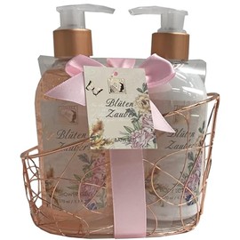 Accentra Bath Set Flower Magic in Wire Basket with 260 ml Shower Gel and 260 ml Body Lotion Fragrance Passion Fruit and Grapefruit Pink / Beige