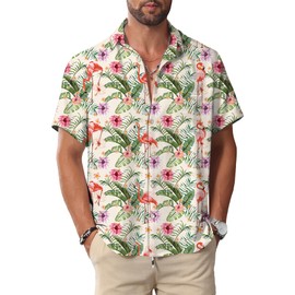 KYKU Hawaiian Button Mens Shirts: Summer Short Sleeve Beach Casual Clothing: Tropical Clothes Flamingos Beige M
