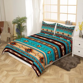 Aztec Bedding Set Ethnic Tribal Arrow Duvet Cover,Vintage Southwestern Native Bohemian Comforter Cover Queen,Western Star Bed Set Exotic Geometric Diamond Stripes Room Decor,Teal Blue and Brown