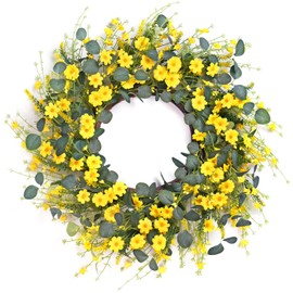 Davimono 24-inch Spring Wreaths for Front Door, Farmhouse Yellow Daisy Eucalyptus Wreath for Front Door Wall Home Party Decorations