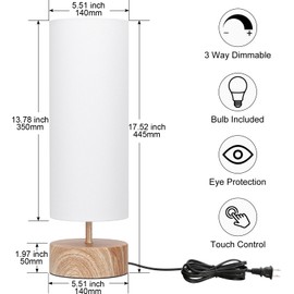 Bedside Table Lamp, 3 Way Touch Control Table Lamp with Wood Grain Base, Dimmable Nightstand Lamp with White Shade, Simple Night Light for Bedroom Living Room Home Office, LED Bulb Included