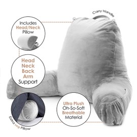 Clara Clark Reading Pillow, Large Back Pillow for Sitting Up in Bed, Memory Foam Back Support Pillow, Reading Pillows for Sitting in Bed Adult, Light Grey Sit Up Pillow for Bed with Arms and Pockets