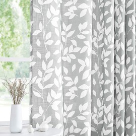 Treatmentex White and Grey Curtains for Living Room 72" Length Semi-Sheer Print Leaf Curtains for Kitchen Windows Bedroom Grommet Top Drapes, 2 Pack
