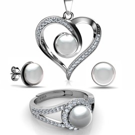 DEPHINI - Pearl Jewellery set - Heart Necklace Earrings & Ring - 925 Sterling Silver - Cubic Zirconia