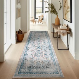 Ashler Boho Runner Rugs, Area Rugs 2x6 Vintage Rug for Entryway, Hallways Entry Rug, Indoor Area Rug for Livingroom, Bedroom, Porch, Floor, Machine Washable Carpet, Non-Slip Backing, Blue/Light Pink