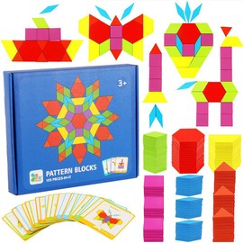 Holzpuzzles Geometrische Puzzle,155 Teilig Holzpuzzle Holzmusterblöcke Farbige Tangram Montessori Bausteine mit 24 Stück Designkarten Aufbewahrungstasche Geschenk für Kinder Mädchen Jungen ab 3 Jahr
