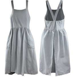 Cotton Linen Apron Cross Back Work Apron for Women with Pockets Pinafore Dress X Cross Halter Apron for Baking Chef Gardening (Grey)