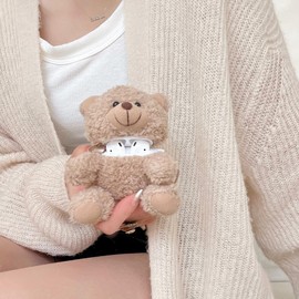 YAKVOOK Plush Case Compatible with AirPods Pro, Creative Cute 3D Cartoon Fur Khaki Teddy Bear Design Funny for AirPods Pro Cover Case with Keychain Protective Case for AirPods Pro