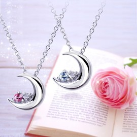 Sears e1625 Silver Necklace, Natural Diamond, 12 Birthstones, Crescent Moon, tanzanite,