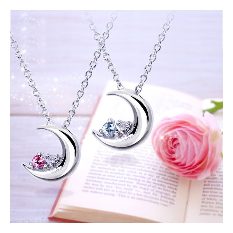 Sears e1625 Silver Necklace, Natural Diamond, 12 Birthstones, Crescent Moon,