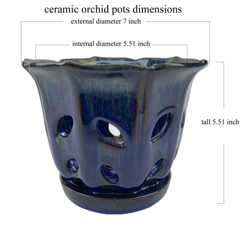 Grdthzey Ceramic Orchid Pots with Holes 6 inch (Dark Blue)