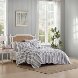 Laura Ashley - Quilt Set, Super Soft & Prewashed Bedding with Matching Sham, Modern Design with Scallop Edges, Cozy Home Essentials (Stripe Perfection Grey, Twin)