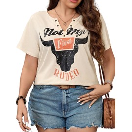 Women's Plus Size Notched Neck Short Sleeve Tops Western Shirts Country Concert Cowgirl Outfits Not My First Rodeo Graphic T-Shirts (Apricot,2XL)