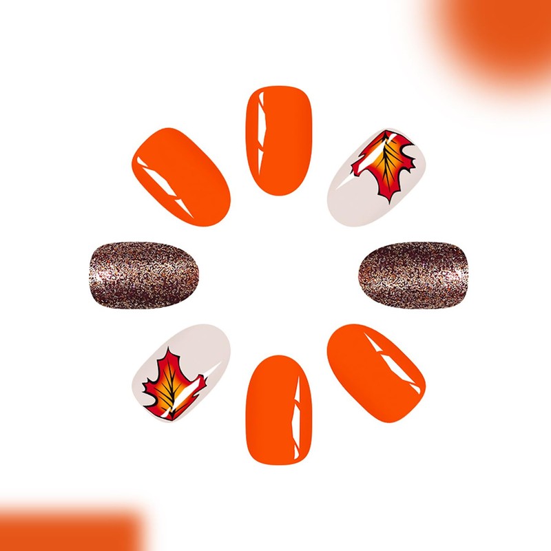 Almond Press on Nails Maple Leaf Fake Nails Thanksgiving Glue