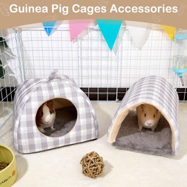 Hedgeink Guinea Pig House with Rabbit Hideout, 2 Pack Guinea Pig Toys Set Rabbit Bed and Guinea Pig Tunnel, Guinea Pig Accessories for Hamster, Ferret, and Bunny, Gray Plaid