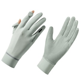 Sun Gloves for Women UPF 50+ UV-Protection, Summer 2-Fingers-Flip Thin Ice-Silk Breathable Mesh Cooling Running Gloves, Grey
