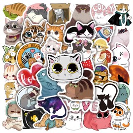 50pcs Cute Cat Stickers, Vinyl Waterproof Aesthetic Stickers Decals for Water Bottles Laptop Scrapbook, Kawaii Kitten Animal Stickers Pack, Cat presents Merchandise Stuff Things for Adult Teens Kids