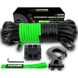 YUNFUER Synthetic Winch Rope Cable Kit, 3/16" x 50ft 8500LBS Black Winch Rope with Protective Sleeve, Forged Winch Hook, Rubber Stopper and Safety Pull Strap for ATV UTV