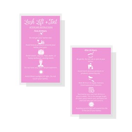 Lash Lift + Tint Aftercare Instruction Cards | 50 Pack | 2 x 3.5” inches Business Card Size | Eyelash Lift and Tint Kit at Home DIY aftercare Supplies | Bubblegum Pink with White Icon Design