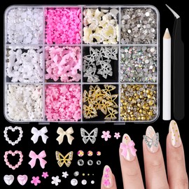 Nail Charms and Gems Set， Butterfly Charms, 75pcs Coquette Nail Bows and Hearts, 3D Flowers for Nails with Rhinestones, Pearls, and Diamonds, Including Picker Tools for Y2k-Style Nail Decoration B