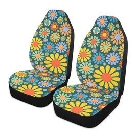 LONSANT Colorful Hippie Flower Car Seat Covers Set of 2,Abstract Tropical Floral Pattern Cute Flowers Universal Auto Front Seat Cushion Protector for Women Decorative Car Accessories for Car Truck