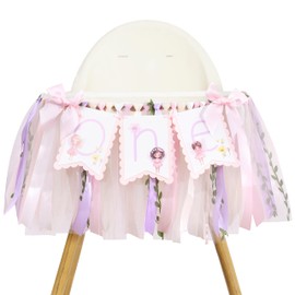 Fairy One High Chair Banner - Little Fairy 1st Birthday Party Decoration,Sweet Floral Highchair Banner with Ribbon,Princess Tea Party Photo Backdrop,Flower Fairies First Birthday Garland